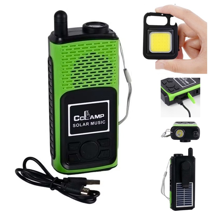 Set Multifunctional APF® – Difuzor Bluetooth Solar Verde cu Radio FM & Breloc Metalic, cu Lanterna, Magnet si Deschizator de Sticle
