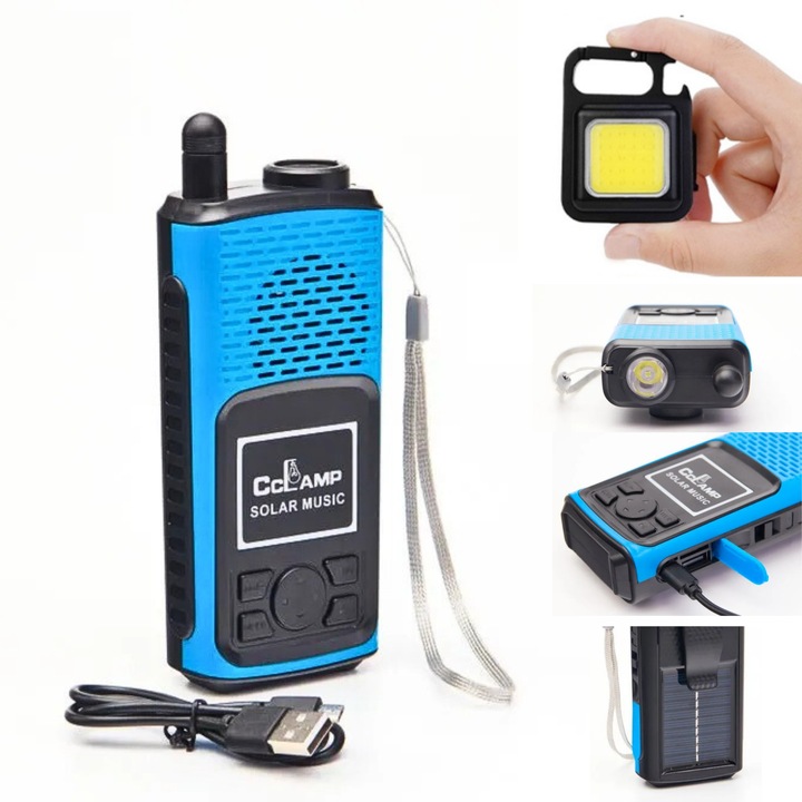 APF többfunkciós készlet – Blue Solar Bluetooth hangszóró FM rádióval és fém kulcstartóval, zseblámpával, mágnessel és sörnyitóval