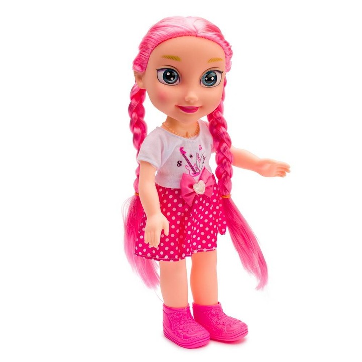 Hosszú, vörös hajú, románul beszélő baba, 34 cm