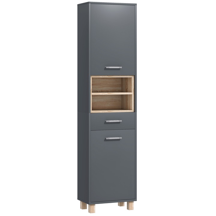Coloana de baie moderna HOMCOM cu sertar, dulapuri si 2 compartimente deschise, dulap de baie inalt care economiseste spatiu din lemn cu manere din aliaj de aluminiu, 40x24x160 cm, gri