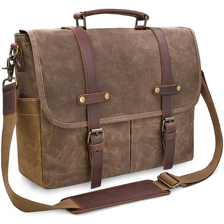 Servietă laptop Newhey, impermeabilă, din pânză, brown, 15.6 inch