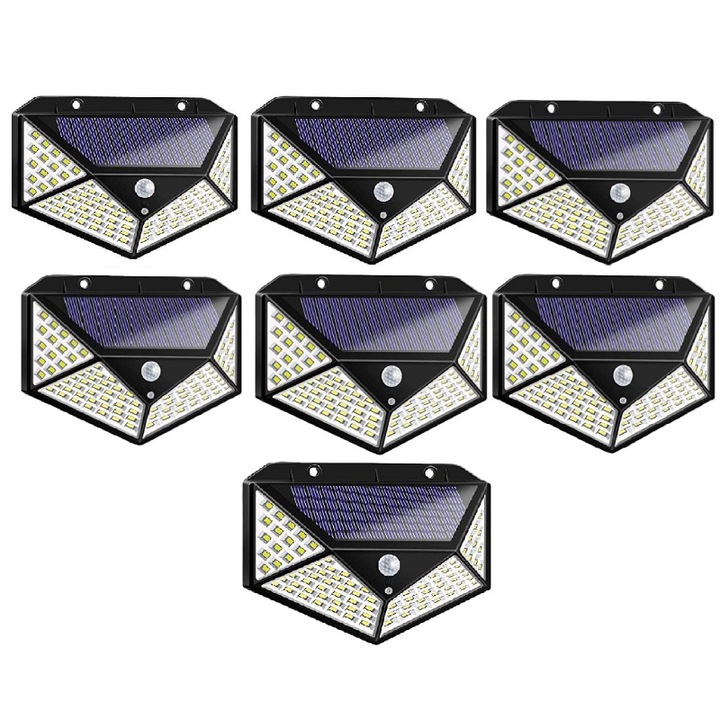 Set 7 Lampi Solare HOZRO, SH 100, 100 LED-uri, Iluminare de 1000 Lumen, Senzor de Miscare si Lumina, Baterie Reincarcabila 2200mAh, Design Modern, Negru