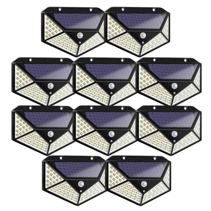 Set 10 Lampi Solare HOZRO, SH 100, 100 LED-uri, Iluminare de 1000 Lumen, Senzor de Miscare si Lumina, Baterie Reincarcabila 2200mAh, Design Modern, Negru