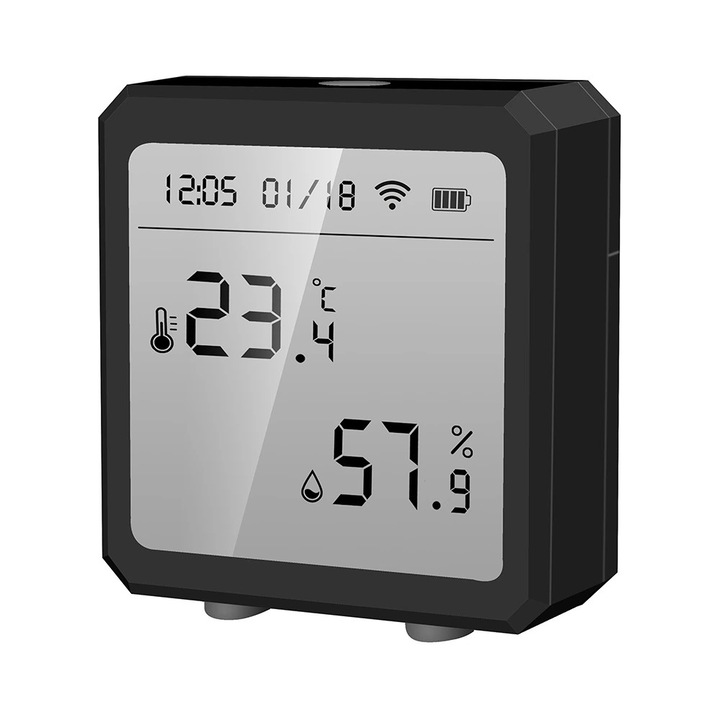 Цифров термометър, WiFi, LCD дисплей, черен, 64x61x25 мм, съвместим с Tuya/Smart Life/Google/Alexa