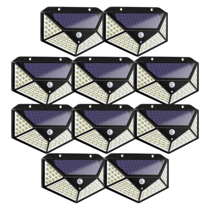 Set 10 Lampi Solare SELLING DEPOT, SH 100, 100 LED-uri, Iluminare de 1000 Lumen, Senzor de Miscare si Lumina, Baterie Reincarcabila 2200mAh, Design Modern, Negru