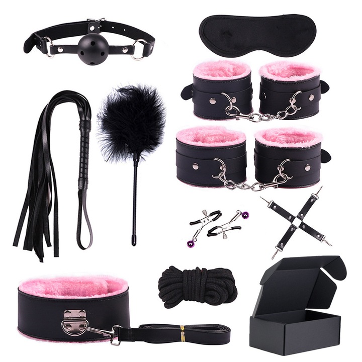 Set 10 Jucarii Erotice, BDSM, Piele Ecologica, Jucarii sexuale pentru adulti, Negru/Roz