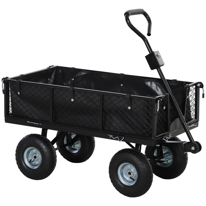 Carucior de gradina Outsunny 114L cu 4 roti mari Capacitate 200kg, 105x51x54 cm, negru
