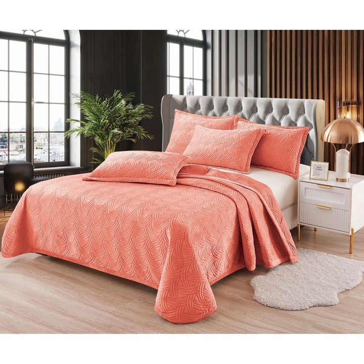 Cuvertura pat dublu 3 piese, Catifea matlasata, 220 x 240 cm si 2 Fete de Perna 55x 75 cm Somon