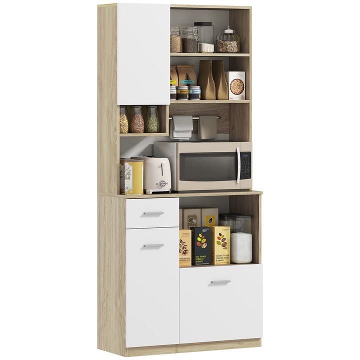 Bufet inalt de bucatarie cu sertar, HOMCOM, 3 dulapuri si 4 compartimente deschise, din PAL, pentru living si bucatarie, 80x35x180 cm, alb si stejar