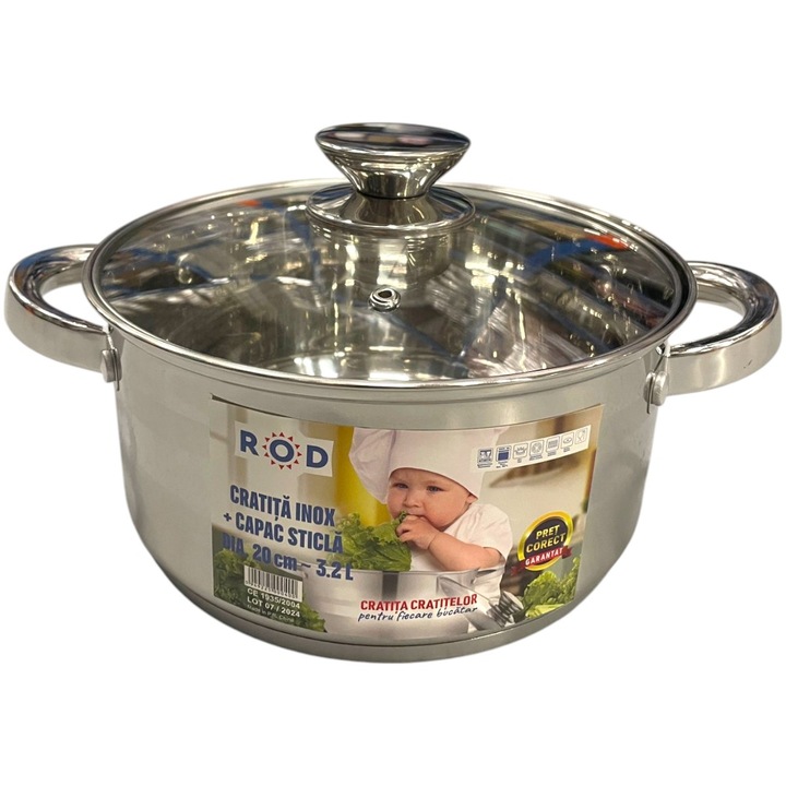 Cratita din inox cu capac, capacitate 3.2 l, diametru 20 cm, fund dublu, baza inductie