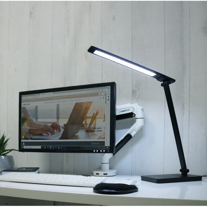 Unilux Novy LED összecsukható asztali lámpa, forgó fej, állítható kar, forgó talp, időzítő, USB, fekete