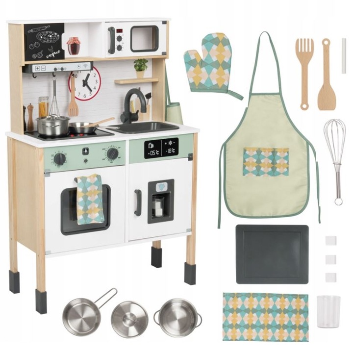 Bucatarie de joaca din lemn pentru copii, accesorii incluse, lumini si sunete, multicolor