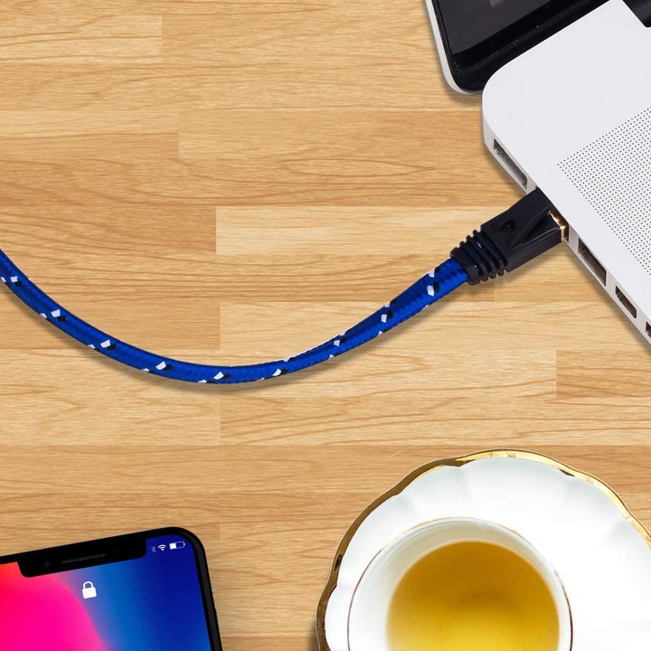 Cat 7 nejlon Ethernet kábel, Cat7 RJ45 lapos hálózati patch kábel 10 gigabites 600 MHz-es LAN kábel árnyékolt kábel modemhez, routerhez, PC-hez, Mac-hez, laptophoz, PS2-höz, PS3-hoz, PS4-hez, Xbox 360-hoz