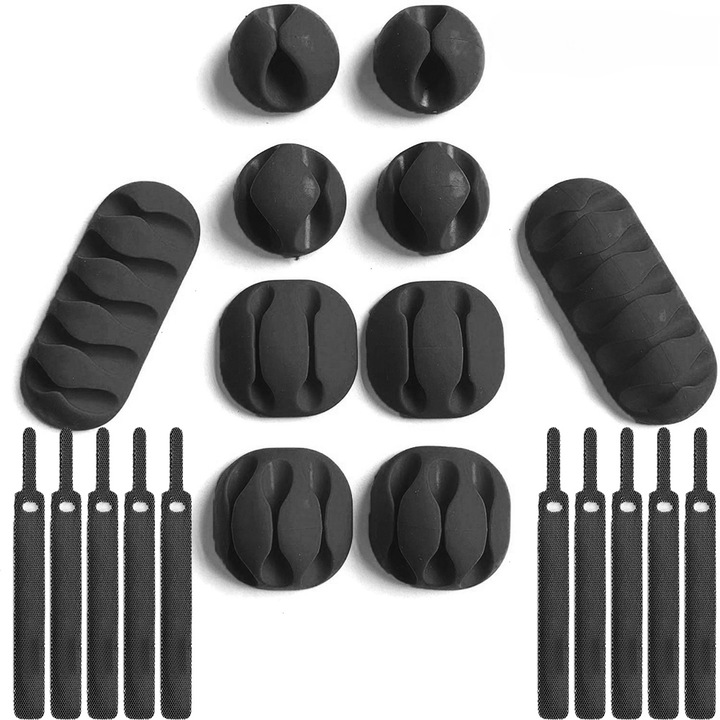 20 darabos öntapadós kábelrögzítő készlet töltőkábelhez, USB-kábelhez és audiokábelhez