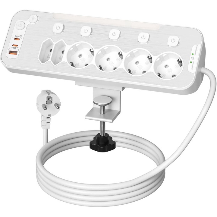 Prelungitor pentru birou/ masa/ colt/ perete SERBY®, 2 USB Type C cu incarcare PD 20W, 1 USB 18W, prize cu intrerupator individual, lumina de noapte, cablu de 2m