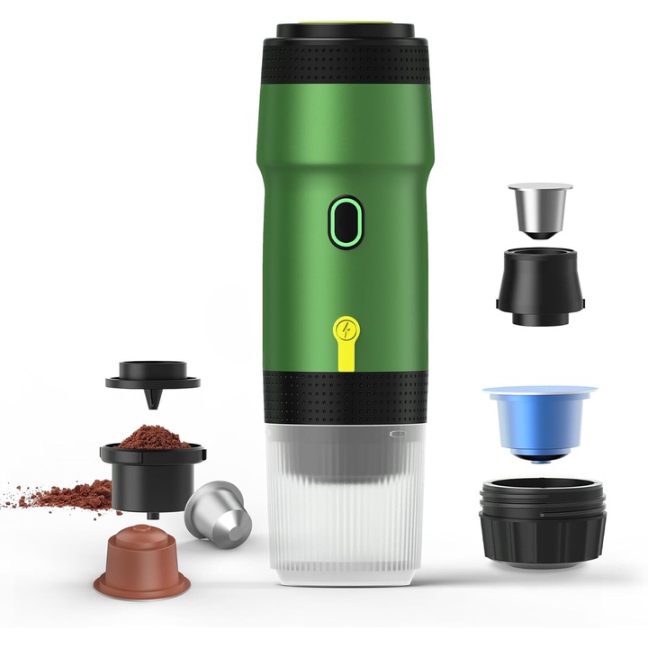 Преносима машина за еспресо 3 в 1 Lehnedar, самонагряваща се, капацитет 60 мл, USB-DC, зелена, 24,5x8x8 см