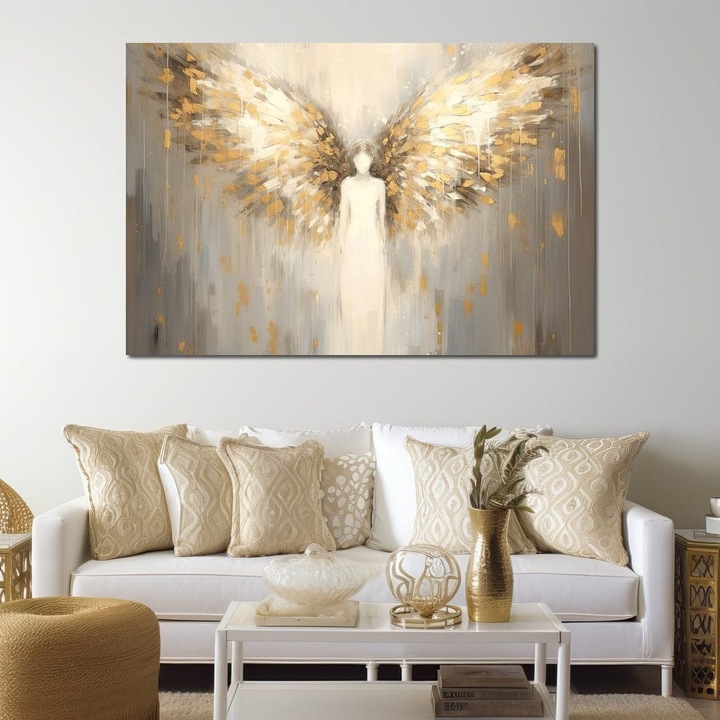 Първокласна картина на платно, LuxCanva® H1000, Аура на чистота, 40 X 60 CM, 100% памучно платно 400g/m2, Дървена рамка, Небе, Божественост, Злато, Крила, Ангел, Порти, Вселена, Религия, Християнство, Всекидневна, Спалня, Офис