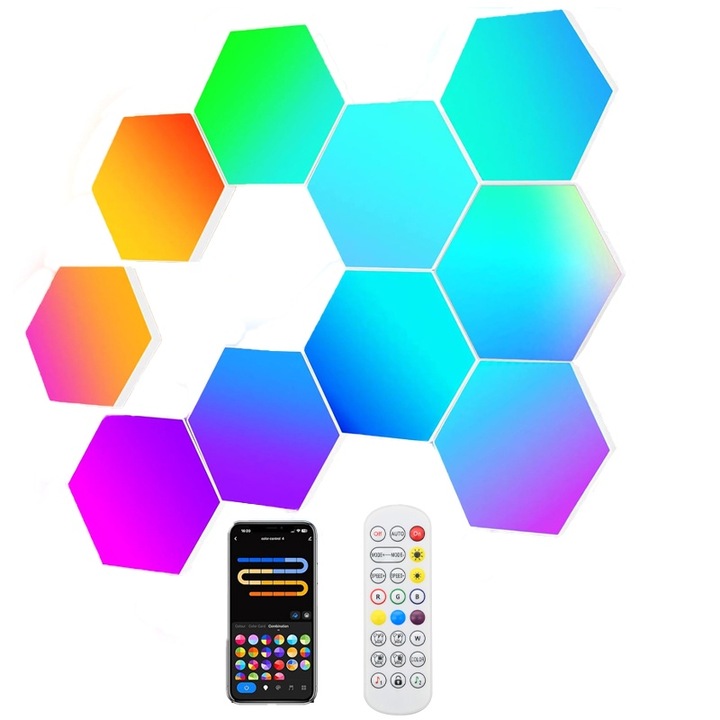 Kit LED RGB Smart cu 10 Panouri, Rqiurpn, Wi-Fi, senzor muzica, telecomanda si aplicatie compatibila iOS/Android, Alb