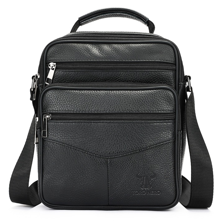 Férfi valódi bőr táska, Toro Nero, fekete, Deian