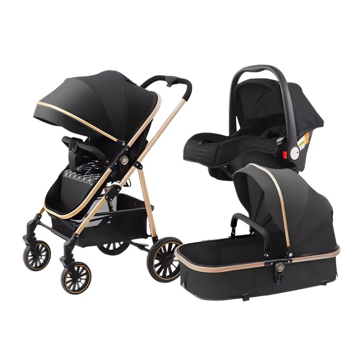 Carucior 3 in 1 pentru bebelusi, landou, scaun auto, parte sport, amortizoare, pliere compacta, plasa anti-insecte, Negru