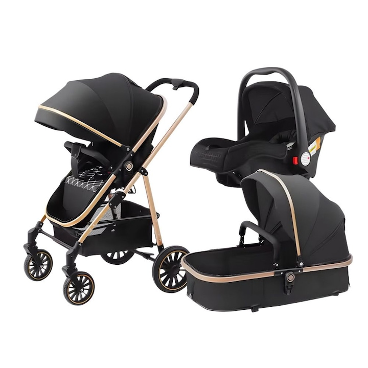 Carucior 3 in 1 pentru bebelusi, landou, scaun auto, parte sport, amortizoare, pliere compacta, plasa anti-insecte, Negru