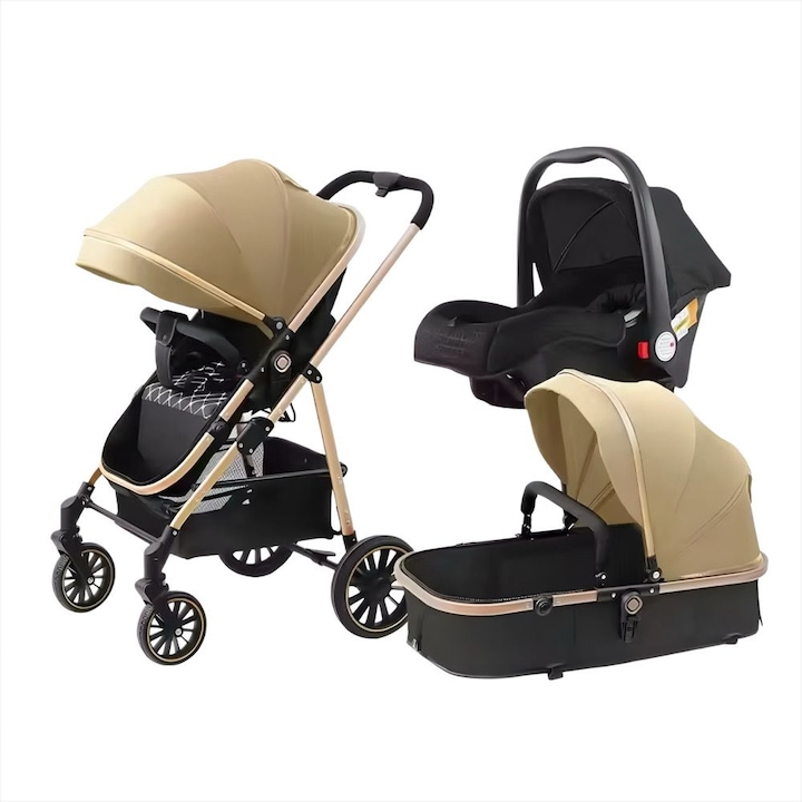 Carucior 3 in 1 pentru bebelusi, landou, scaun auto, parte sport, amortizoare, pliere compacta, plasa anti-insecte, Auriu