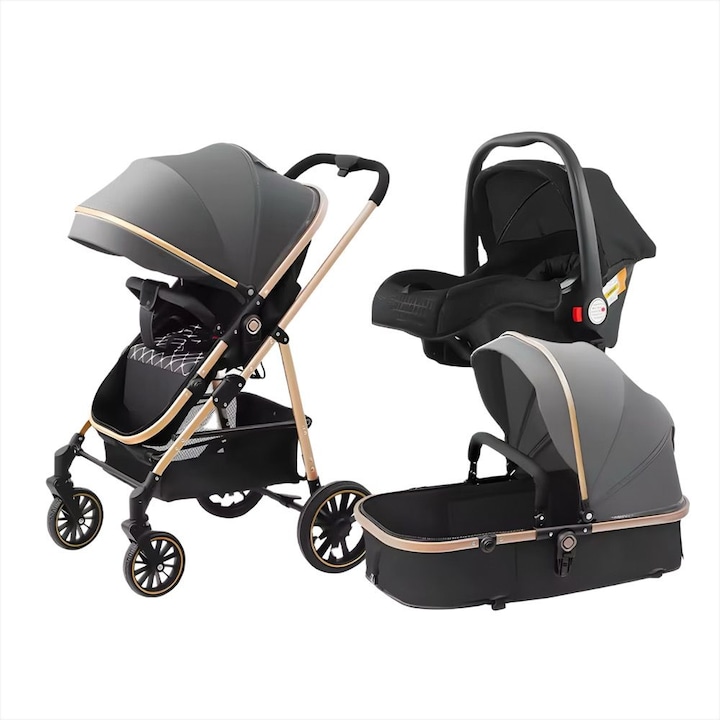 Carucior 3 in 1 pentru bebelusi, landou, scaun auto, parte sport, amortizoare, pliere compacta, plasa anti-insecte, Gri