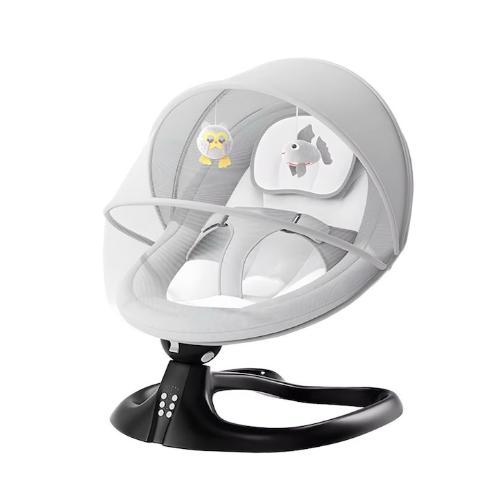 Leagan Electric pentru Bebelusi, Gri, cu Control De la Distanta, Design Ergonomic si Multiple Functii de Reglare, Temporizator, 5 viteze, Masuta.Gri
