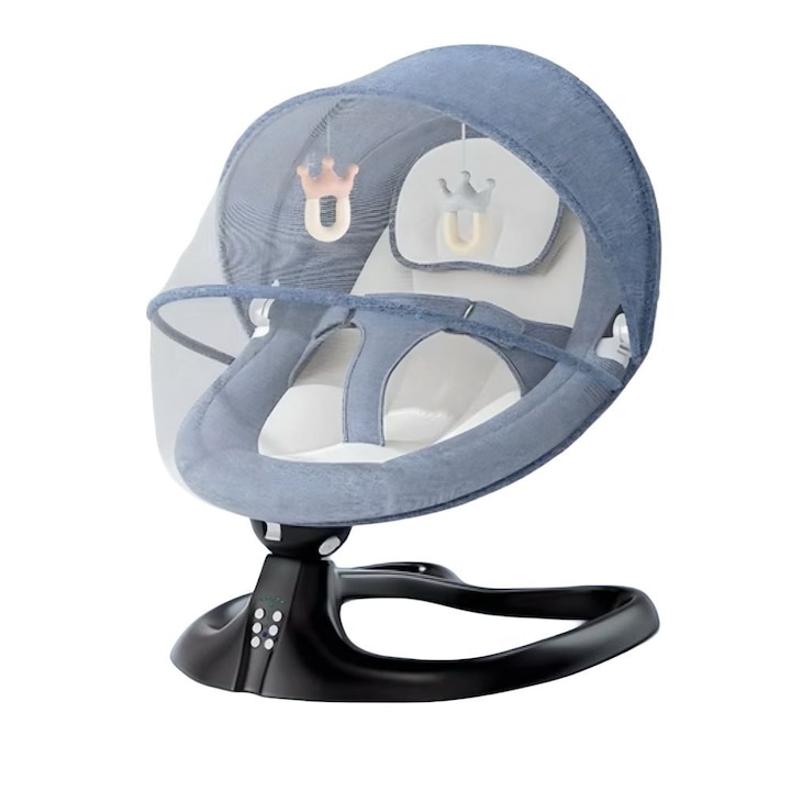 Leagan Electric pentru Bebelusi, cu Control De la Distanta, Design Ergonomic si Multiple Functii de Reglare, Temporizator, 5 viteze, Masuta, Albastru
