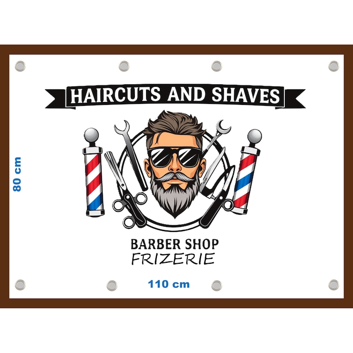 Banner "Frizerie barber shop" cu capse, dimensiune 80x110 cm