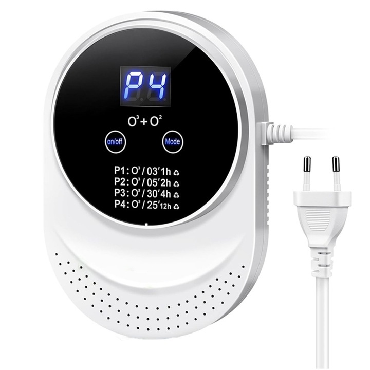Purificator de aer cu ozon, Rqiurpn, 5W, 150mg/h, pentru suprafete pana la 30 mp, 4 moduri functionare, LCD, deodorizeaza mirosuri, pentru baie si bucatarie, Alb