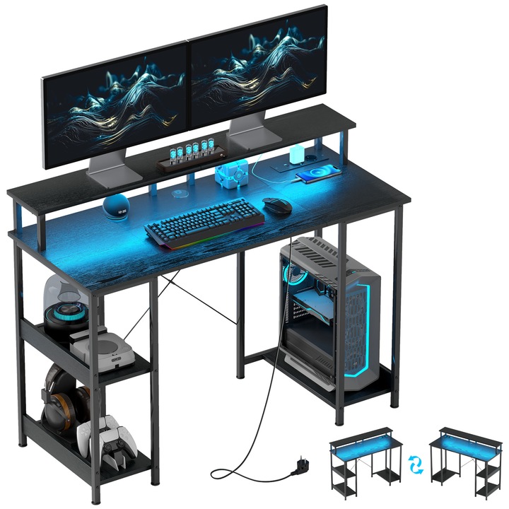 HOMCOM Реверсивно компютърно бюро, 120x50 см офис бюро с контакти и LED светлини, компютърна маса за учене с двойна стойка за монитор и регулируеми рафтове, черно