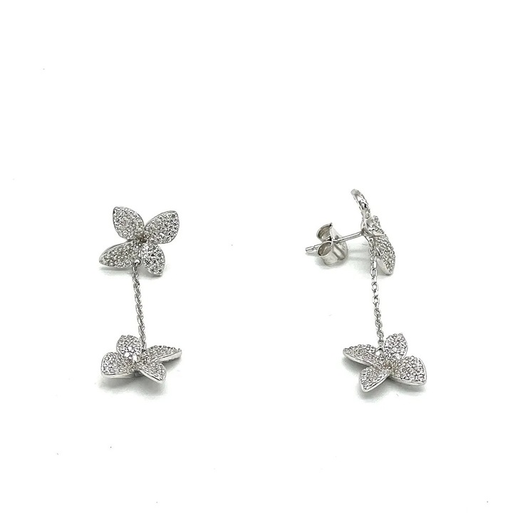 Cercei Argint 925, cod EA011516, 2 Flori, lant 3 cm, cristale