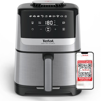 Friteuza cu aer cald Tefal Easy Fry Silence air fryer EY552DE0, 1670W, capacitate 5L, 10 programe automate, ecran LCD, gatire silentioasa, vas detasabil antiaderent, tehnologie Extra-Crisp, cronometru, temperatura ajustabila, argintiu & negru