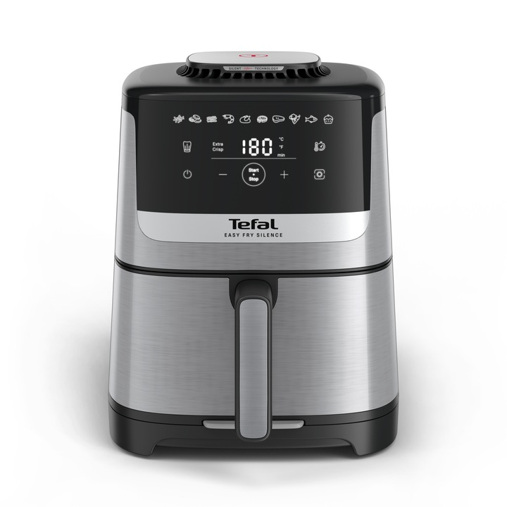 Фритюрник с горещ въздух Tefal Easy Fry Silence EY552DE0, 1670W, 5 л, 10 автоматични програми, LCD екран, Безшумен, Подвижна незалепваща купа, Технология Extra-Crisp, Таймер, Регулируема температура, Сребрист/Черен