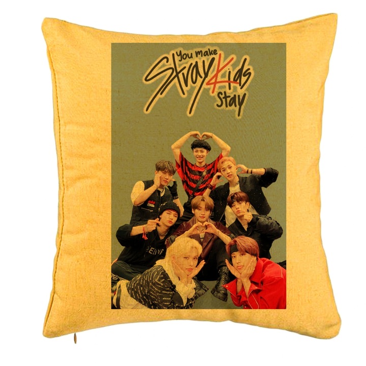 Персонализирана възглавница, Stray Kids 15, 40x40 см, жълта, подвижна калъфка, маншон