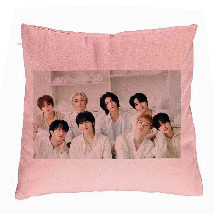 Персонализирана възглавница, Stray Kids 14, 40x40 см, розова, подвижна калъфка, маншон