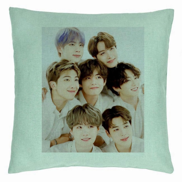 Персонализирана възглавница BTS Army 10, 40×40 см, ментово зелено, подвижна калъфка, духало