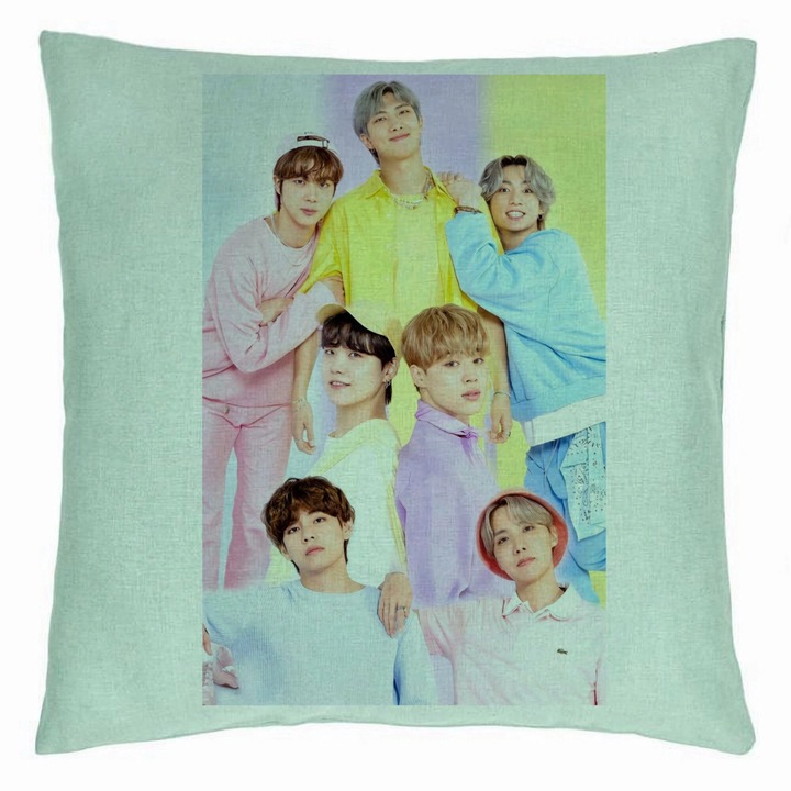 Персонализирана възглавница, Stray Kids 13, 40×40 см, ментово зелено, подвижна калъфка, духало