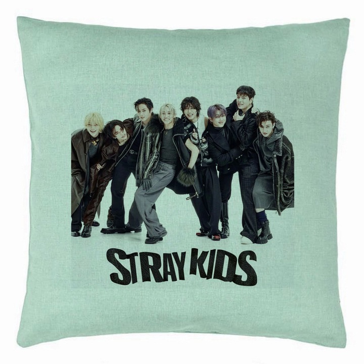 Персонализирана възглавница, Stray Kids 6, 40×40 см, ментово зелено, подвижна калъфка, духало