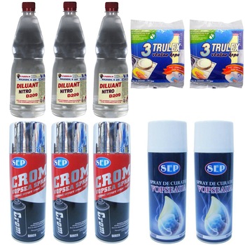 Pachet - 3 x SEP Vopsea spray, chrom argintiu, 400ml + 3 x Nitro Diluant, D209, 900ml + 2 x SEP Spray de curatat vopseaua, 450ml + 2 x Set lavete umede, 3buc/set Pachet - 3 x SEP Vopsea spray, chrom argintiu, 400ml + 3 x Nitro Diluant, D209, 900ml + 2 x SEP Spray de curatat vopseaua, 450ml + 2 x Set lavete umede, 3buc/set