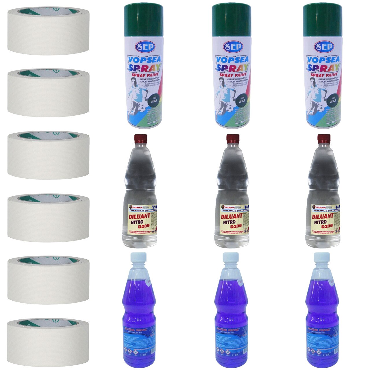 Pachet - 3 x SEP Vopsea spray pentru reparatii rapide, verde, 400ml + 3 x Nitro diluant D209, 900ml + 3 x Alcool tehnic 97%, 900ml + 6 x Scotch banda de hartie, 50m