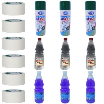 Pachet - 3 x SEP Vopsea spray pentru reparatii rapide, verde, 400ml + 3 x Nitro diluant D209, 900ml + 3 x Alcool tehnic 97%, 900ml + 6 x Scotch banda de hartie, 50m Pachet - 3 x SEP Vopsea spray pentru reparatii rapide, verde, 400ml + 3 x Nitro diluant D209, 900ml + 3 x Alcool tehnic 97%, 900ml + 6 x Scotch banda de hartie, 50m