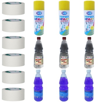 Pachet - 3 x SEP Vopsea spray pentru reparatii rapide, galben, 400ml + 3 x Nitro diluant D209, 900ml + 3 x Alcool tehnic 97%, 900ml + 6 x Scotch banda de hartie, 50m Pachet - 3 x SEP Vopsea spray pentru reparatii rapide, galben, 400ml + 3 x Nitro diluant D209, 900ml + 3 x Alcool tehnic 97%, 900ml + 6 x Scotch banda de hartie, 50m