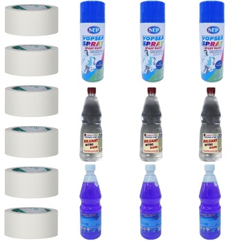 Pachet - 3 x SEP Vopsea spray pentru reparatii rapide, albastru, 400ml + 3 x Nitro diluant D209, 900ml + 3 x Alcool tehnic 97%, 900ml + 6 x Scotch, banda de hartie, 50m Pachet - 3 x SEP Vopsea spray pentru reparatii rapide, albastru, 400ml + 3 x Nitro diluant D209, 900ml + 3 x Alcool tehnic 97%, 900ml + 6 x Scotch, banda de hartie, 50m