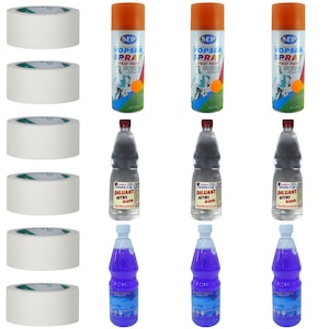 Pachet - 3 x SEP Vopsea spray pentru reparatii rapide, portocaliu, 400ml + 3 x Nitro diluant D209, 900ml + 3 x Alcool tehnic 97%, 900ml + 6 x Scotch, banda de hartie, 50m
