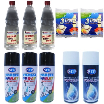 Pachet - 3 x SEP Vopsea spray, negru lucios, 400ml + 3 x Nitro Diluant, D209, 900ml + 2 x SEP Spray de curatat vopseaua, 450ml + 2 x Set lavete umede, 3buc/set Pachet - 3 x SEP Vopsea spray, negru lucios, 400ml + 3 x Nitro Diluant, D209, 900ml + 2 x SEP Spray de curatat vopseaua, 450ml + 2 x Set lavete umede, 3buc/set