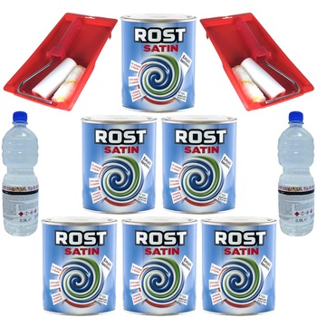 Pachet - 6 x ROST Satin Vopsea email, verde mugur de brad, 0.6L + 2 x Diluant Universal D509, 0.9L + 2 x Trafalet cu tava Pachet - 6 x ROST Satin Vopsea email, verde mugur de brad, 0.6L + 2 x Diluant Universal D509, 0.9L + 2 x Trafalet cu tava