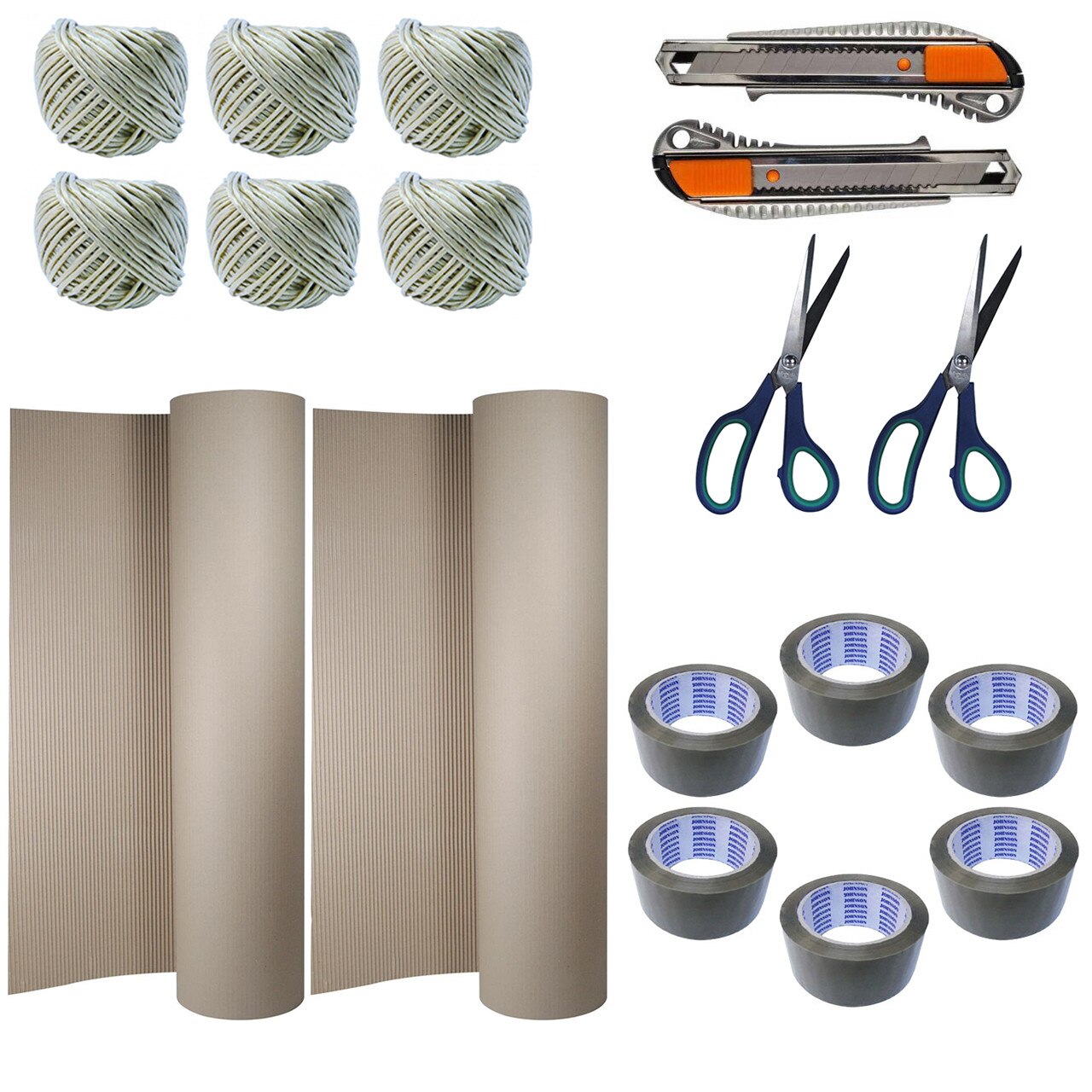 Paceht - 6 x Banda adeziva maro, Johnson, 50M + 6 x Sfoara rafie + 2 x Rola carton ondulat 10M/1M + 2 x Cutter metalic + 2 x Foarfeca 21cm