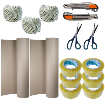 Pachet - 6 x Banda adeziva transparenta, 100M + 3 x Sfoara rafie + 2 x Rola carton 10M/1M + 2 x Cutter metalic + 2 x Foarfeca 21cm Pachet - 6 x Banda adeziva transparenta, 100M + 3 x Sfoara rafie + 2 x Rola carton 10M/1M + 2 x Cutter metalic + 2 x Foarfeca 21cm